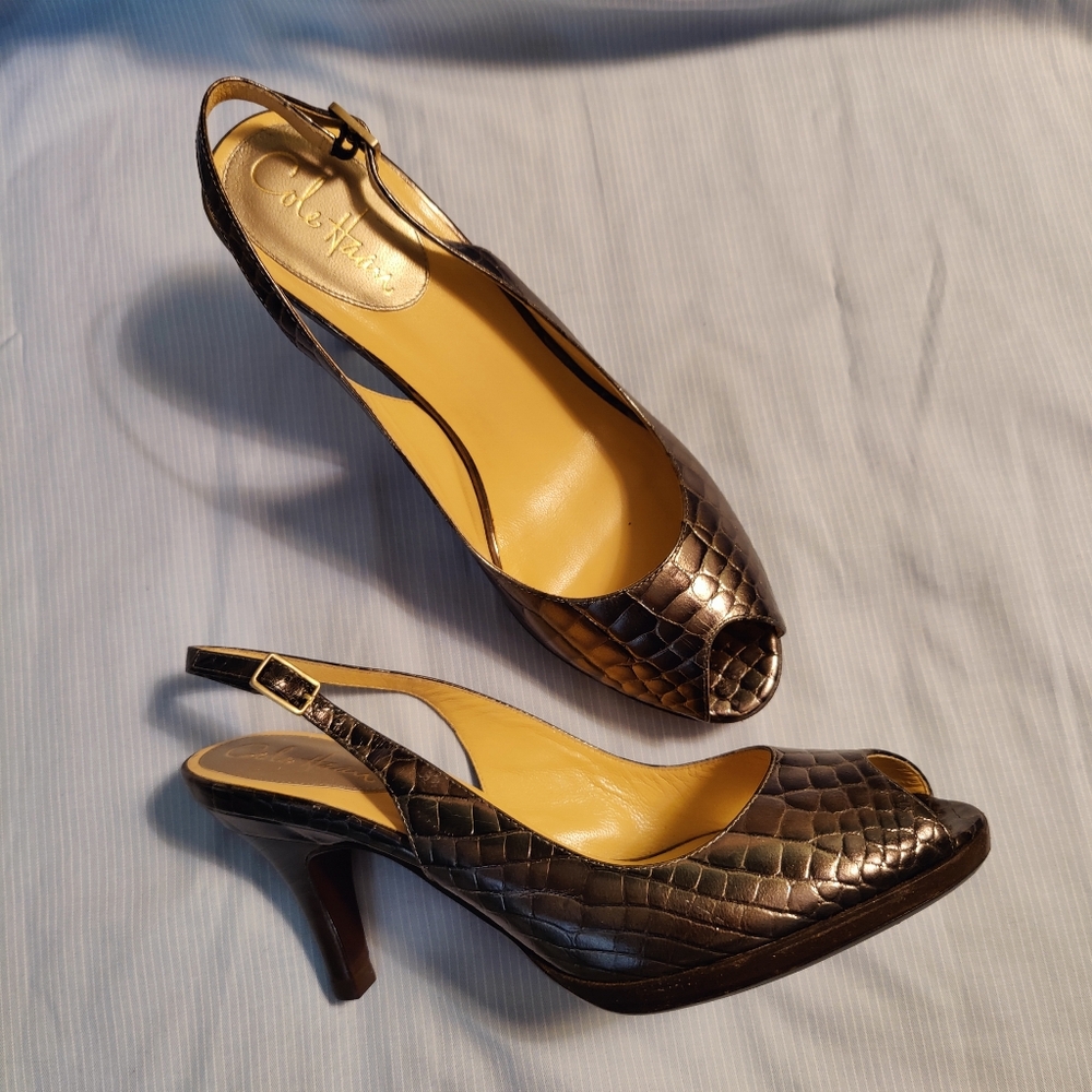 Cole Haan NikeAir Gun Metal Croc Texture Leather Slingback Heels, 8.5